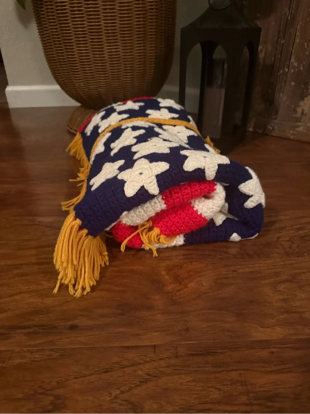Handmade American Flag Crochet Throw/Afghan with Fringe